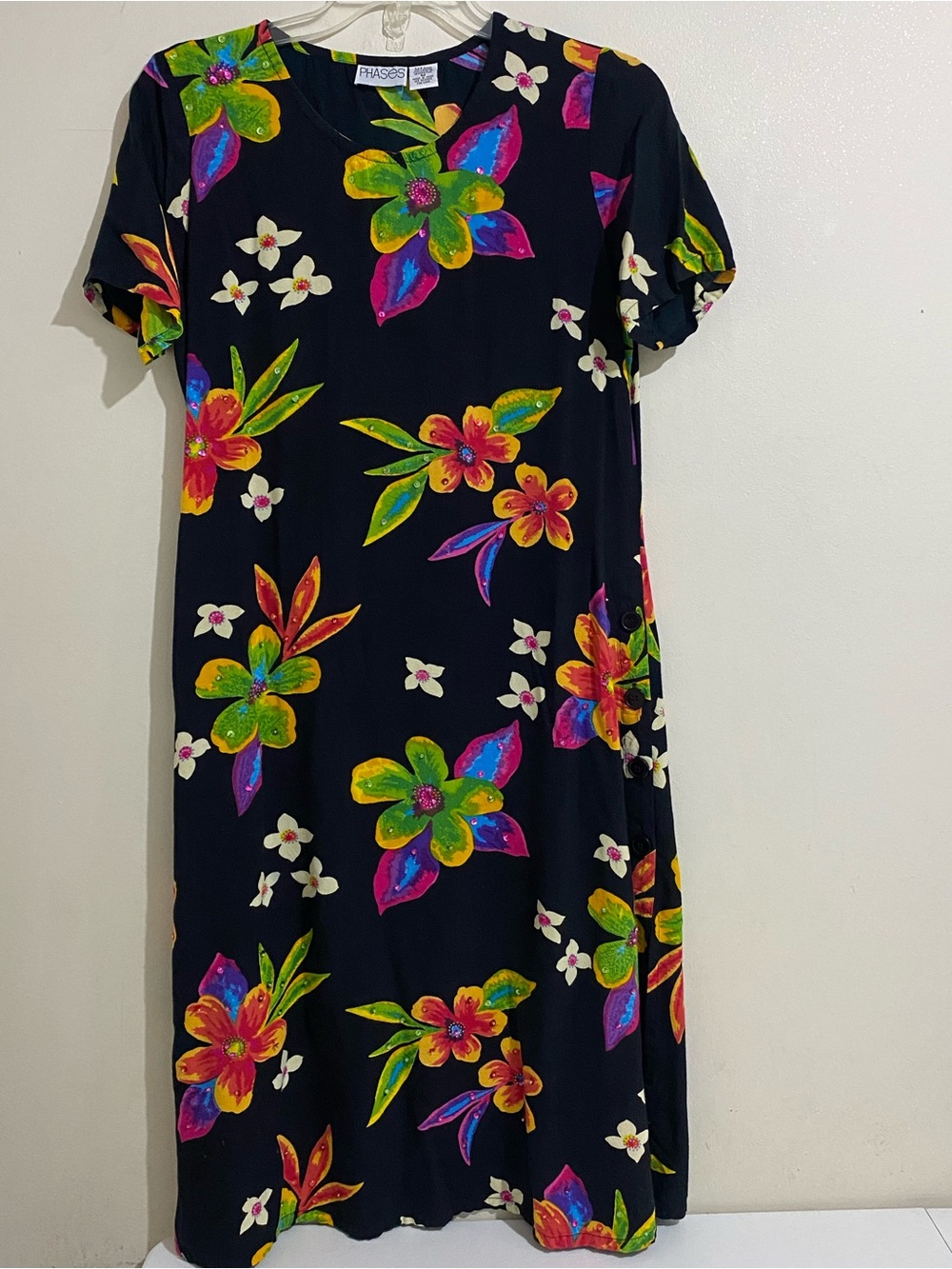 PHASES Women’s Black Floral Midi Dress - Multicolor Tropical Print Size M
